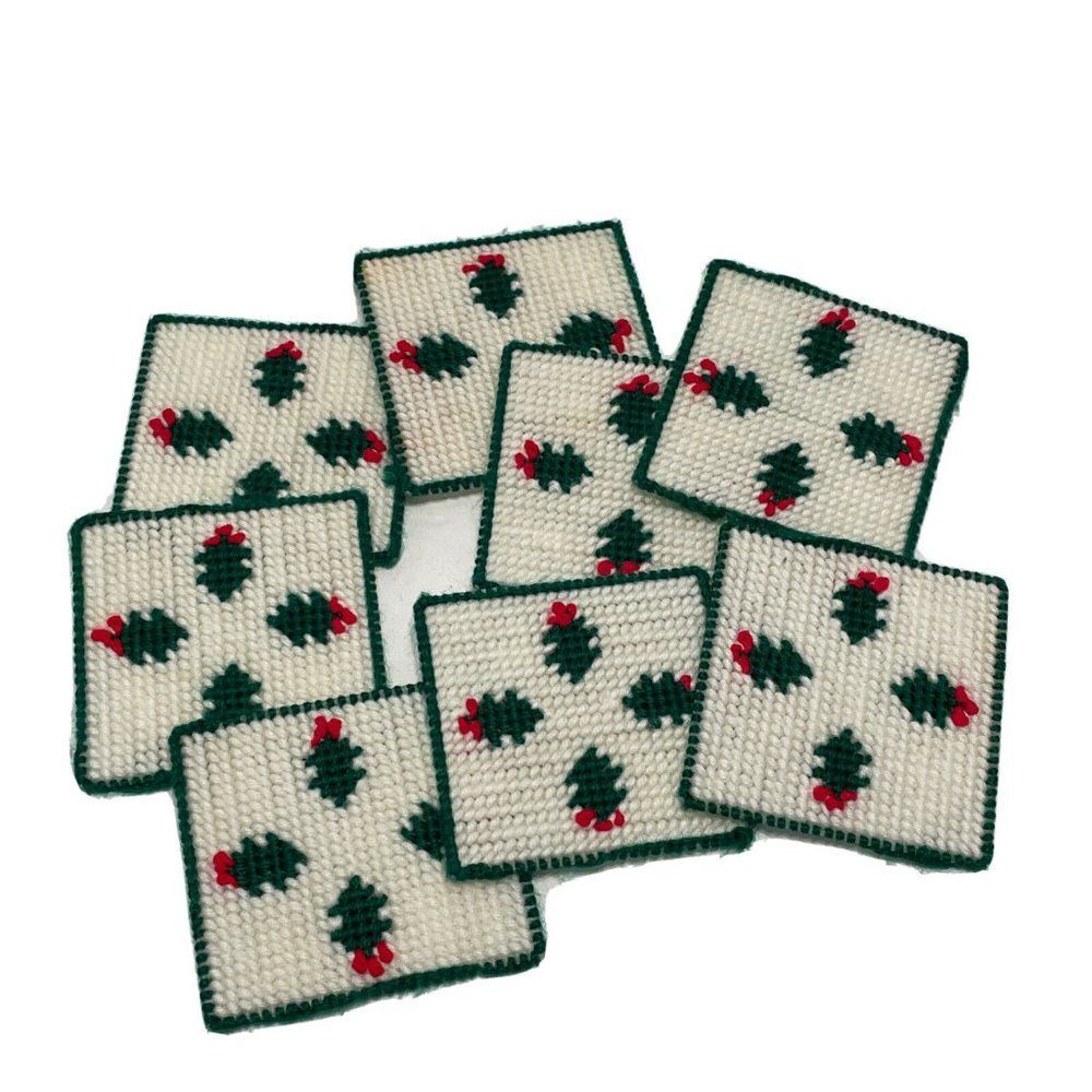 8- Vtg Christmas Holiday Coasters Mistletoe Plastic Canvas Needlepoint Holly